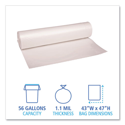 Image of Boardwalk® Recycled Low-Density Polyethylene Can Liners, 56 Gal, 1.1 Mil, 43" X 47", Clear, 10 Bags/Roll, 10 Rolls/Carton