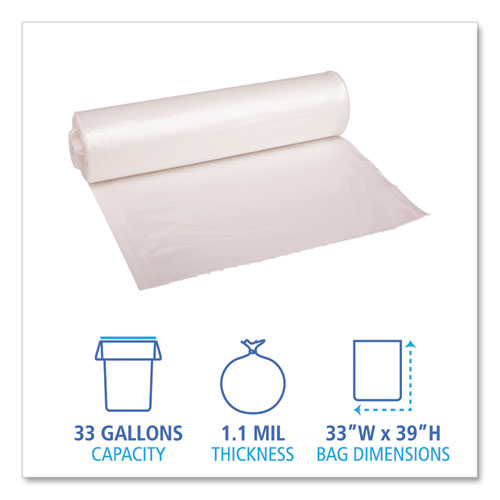 Image of Boardwalk® Recycled Low-Density Polyethylene Can Liners, 33 Gal, 1.1 Mil, 33" X 39", Clear, 10 Bags/Roll, 10 Rolls/Carton