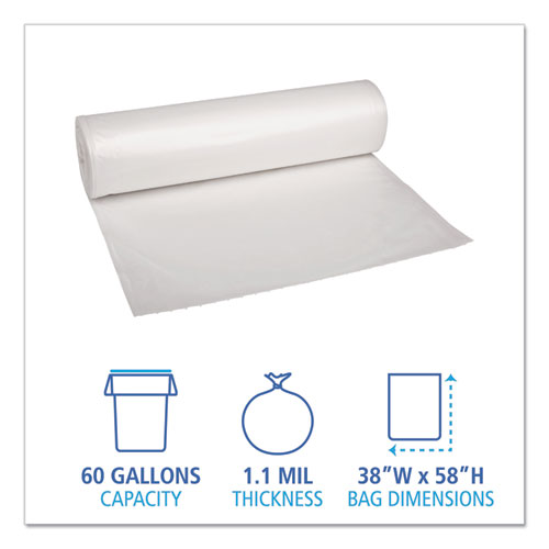 Recycled Low-Density Polyethylene Can Liners, 60 gal, 1.1 mil, 38" x 58", Clear, 10 Bags/Roll, 10 Rolls/Carton