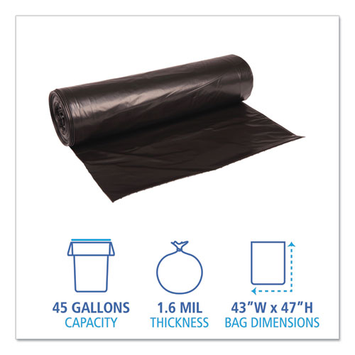Image of Boardwalk® Recycled Low-Density Polyethylene Can Liners, 56 Gal, 1.6 Mil, 43" X 47", Black, 10 Bags/Roll, 10 Rolls/Carton