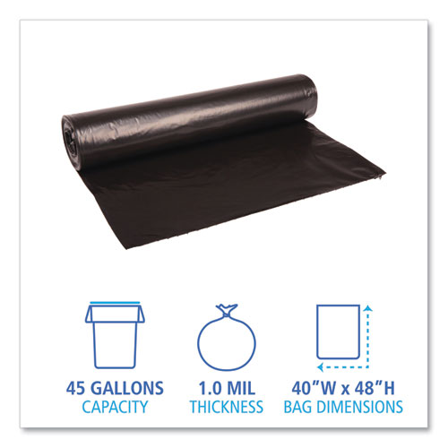 Image of Boardwalk® Recycled Low-Density Polyethylene Can Liners, 45 Gal, 1 Mil, 40" X 48", Black, 10 Bags/Roll, 10 Rolls/Carton