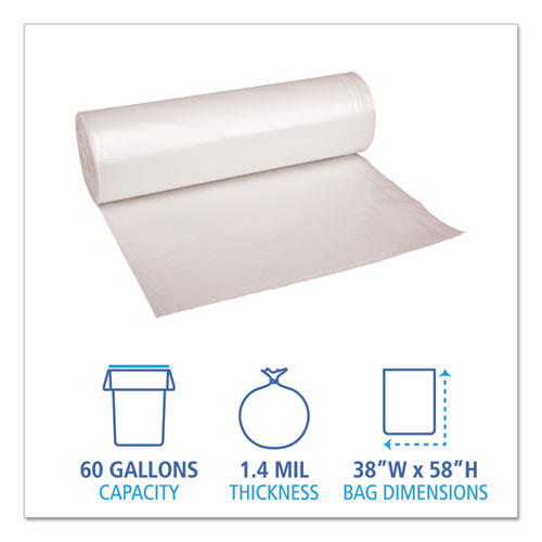 Image of Boardwalk® Recycled Low-Density Polyethylene Can Liners, 60 Gal, 1.4 Mil, 38" X 58", Clear, 10 Bags/Roll, 10 Rolls/Carton