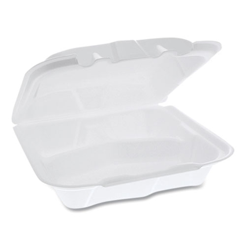 Vented Foam Hinged Lid Container, Dual Tab Lock, 3-Compartment, 8.42 x 8.15 x 3, White, 150/Carton