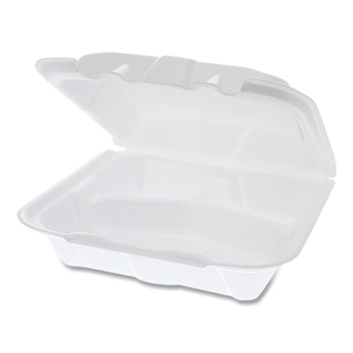 Image of Pactiv Evergreen Vented Foam Hinged Lid Container, Dual Tab Lock, 3-Compartment, 8.42 X 8.15 X 3, White, 150/Carton