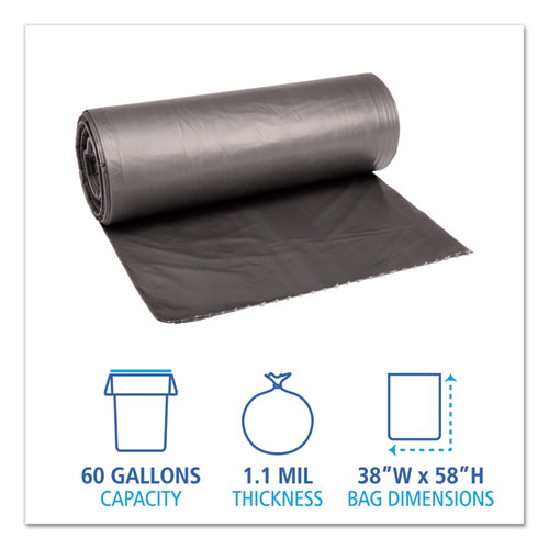 Image of Low-Density Waste Can Liners, 60 gal, 1.1 mil, 38" x 58", Gray, 20 Bags/Roll, 5 Rolls/Carton