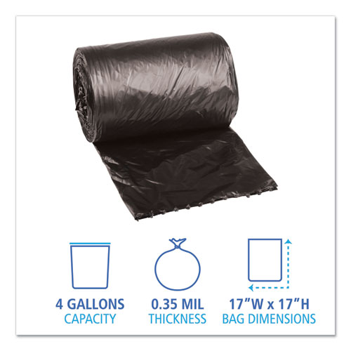 Image of Boardwalk® Low-Density Waste Can Liners, 4 Gal, 0.35 Mil, 17" X 17", Black, 50 Bags/Roll, 20 Rolls/Carton