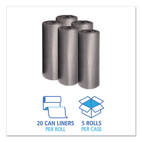 Low-Density Waste Can Liners, 60 gal, 1.1 mil, 38" x 58", Gray, 20 Bags/Roll, 5 Rolls/Carton