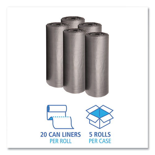 Low-Density Waste Can Liners, 56 gal, 1.1 mil, 43" x 47", Gray, 20 Bags/Roll, 5 Rolls/Carton