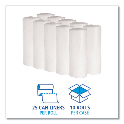 Image of Low-Density Waste Can Liners, 10 gal, 0.4 mil, 24" x 23", White, 25 Bags/Roll, 20 Rolls/Carton