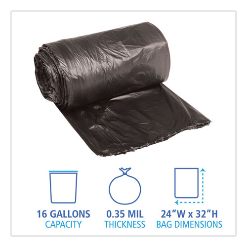 Image of Boardwalk® Low-Density Waste Can Liners, 16 Gal, 0.35 Mil, 24" X 32", Black, 25 Bags/Roll, 10 Rolls/Carton