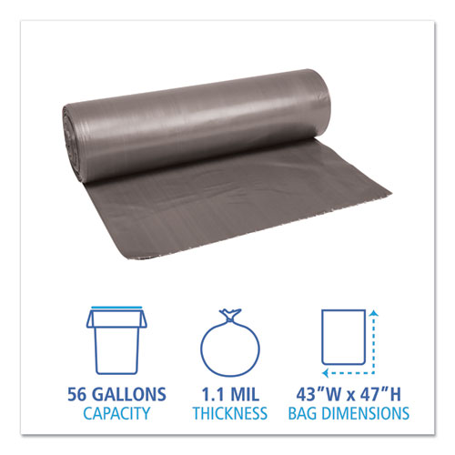Image of Boardwalk® Low-Density Waste Can Liners, 56 Gal, 1.1 Mil, 43" X 47", Gray, 20 Bags/Roll, 5 Rolls/Carton