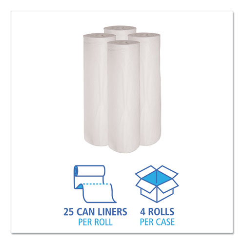 Image of Boardwalk® Low-Density Waste Can Liners, 45 Gal, 0.6 Mil, 40" X 46", White, 25 Bags/Roll, 4 Rolls/Carton