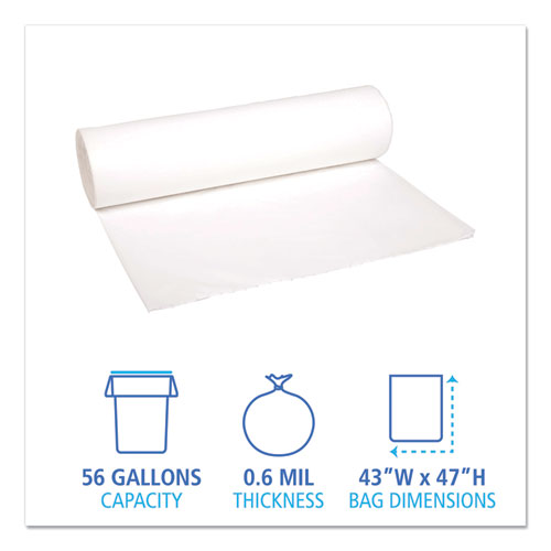 Image of Boardwalk® Low-Density Waste Can Liners, 56 Gal, 0.6 Mil, 43" X 47", White, 25 Bags/Roll, 4 Rolls/Carton