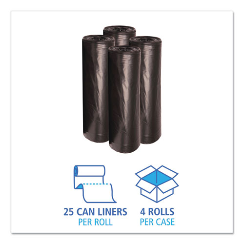 Image of Boardwalk® Low-Density Waste Can Liners, 56 Gal, 0.6 Mil, 43" X 47", Black, 25 Bags/Roll, 4 Rolls/Carton