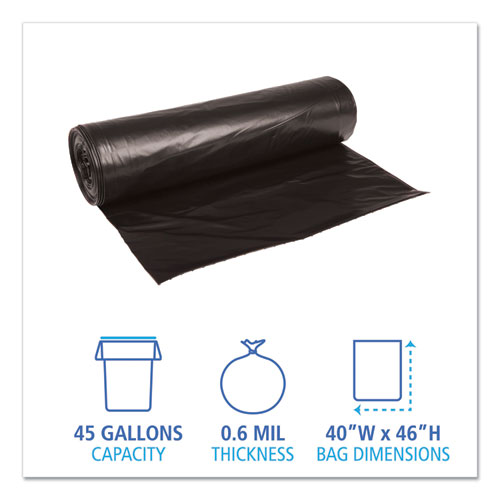 Image of Boardwalk® Low-Density Waste Can Liners, 45 Gal, 0.6 Mil, 40" X 46", Black, 25 Bags/Roll, 4 Rolls/Carton