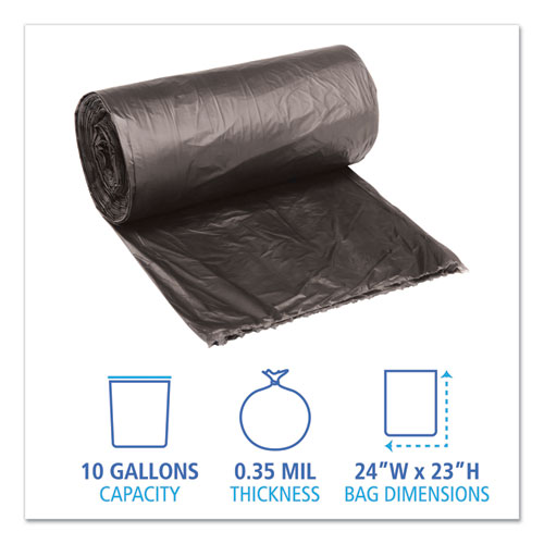 Image of Boardwalk® Low-Density Waste Can Liners, 10 Gal, 0.35 Mil, 24" X 23", Black, 25 Bags/Roll, 10 Rolls/Carton