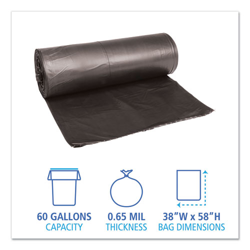 Image of Boardwalk® Low-Density Waste Can Liners, 60 Gal, 0.65 Mil, 38" X 58", Black, 25 Bags/Roll, 4 Rolls/Carton