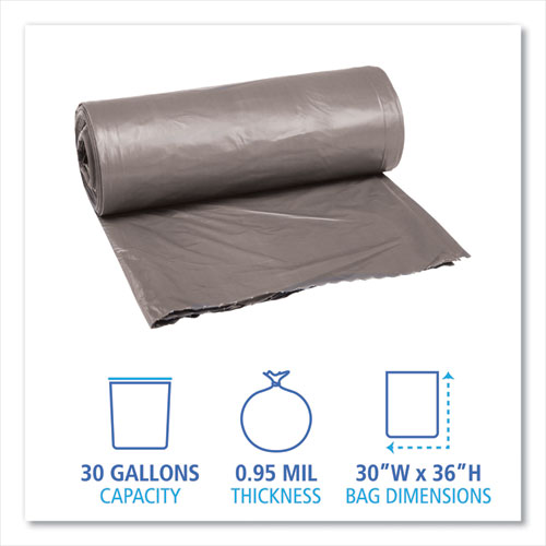 Image of Boardwalk® Low-Density Waste Can Liners, 30 Gal, 0.95 Mil, 30" X 36", Gray, 25 Bags/Roll, 4 Rolls/Carton