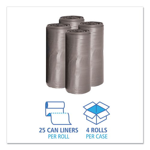 Image of Boardwalk® Low-Density Waste Can Liners, 33 Gal, 1.1 Mil, 33" X 39", Gray, 25 Bags/Roll, 4 Rolls/Carton