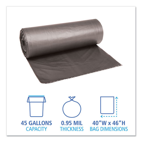 Image of Boardwalk® Low-Density Waste Can Liners, 45 Gal, 0.95 Mil, 40" X 46", Gray, 25 Bags/Roll, 4 Rolls/Carton