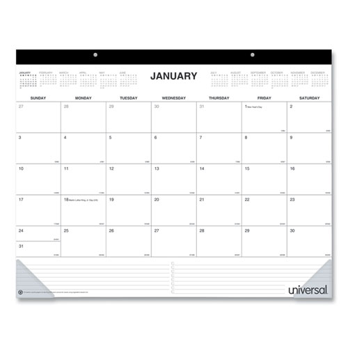 Universal® Desk Pad Calendar, 22 x 17, White/Black Sheets, Black Binding, Clear Corners, 12-Month (Jan to Dec): 2024