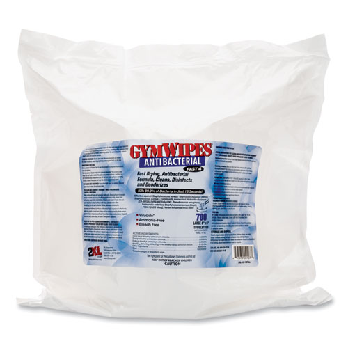 2XL Antibacterial Gym Wipes Refill, 1-Ply, 6 x 8, Unscented, White, 700 Wipes/Pack, 4 Packs/Carton