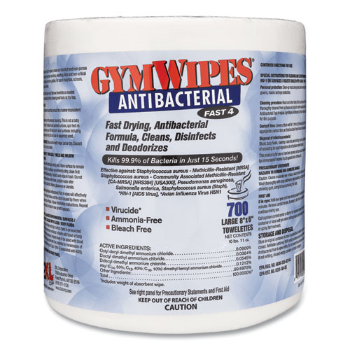 Antibacterial Gym Wipes Refill, 1-Ply, 6 x 8, Unscented, White, 700 Wipes/Pack, 4 Packs/Carton