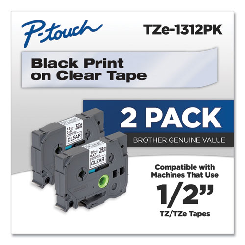 Image of Brother P-Touch® Tze Standard Adhesive Laminated Labeling Tapes, 0.47" X 26.2 Ft, Black On Clear, 2/Pack