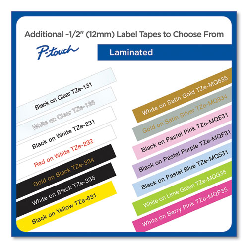 TZe Standard Adhesive Laminated Labeling Tape, 0.47" x 26.2 ft, White on Black