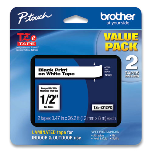 Image of Brother P-Touch® Tze Standard Adhesive Laminated Labeling Tapes, 0.47" X 26.2 Ft, Black On White, 2/Pack