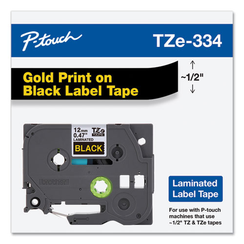 Image of Brother P-Touch® Tze Standard Adhesive Laminated Labeling Tape, 0.47" X 26.2 Ft, Gold On Black