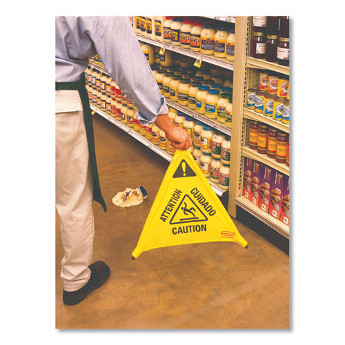 Image of Rubbermaid® Commercial Multilingual Pop-Up Wet Floor Safety Cone, 21 X 21 X 30, Yellow