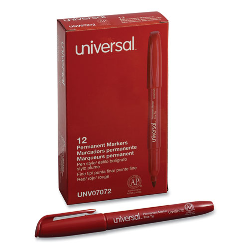 Image of Universal™ Pen-Style Permanent Marker, Fine Bullet Tip, Red, Dozen