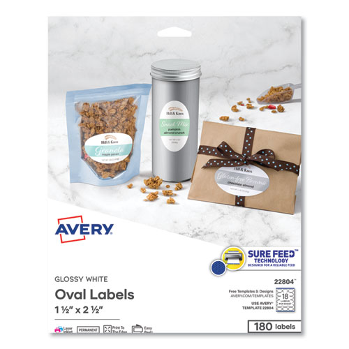 Avery® Oval Labels With Sure Feed And Easy Peel, 1.5 X 2.5, Glossy White, 180/Pack