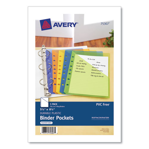 Image of Small Binder Pockets, Standard, 7-Hole Punched, Assorted, 9.25 x 5.5, 5/Pack