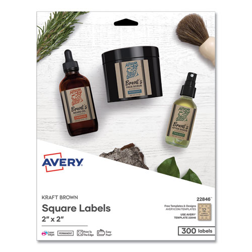 Avery® Square Print-To-The-Edge Labels, Inkjet/Laser Printers, 2 X 2, Kraft Brown, 12/Sheet, 25 Sheets/Pack