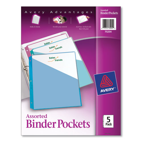 Binder Pockets, 3-Hole Punched, 9 1/4 x 11, Assorted Colors, 5/Pack