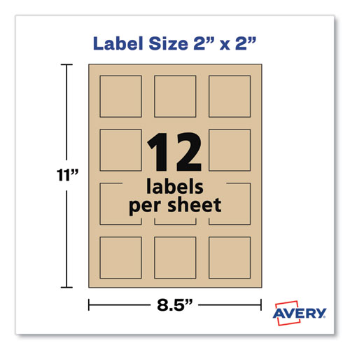 Square Print-to-the-Edge Labels, Inkjet/Laser Printers, 2 x 2, Kraft Brown, 12/Sheet, 25 Sheets/Pack