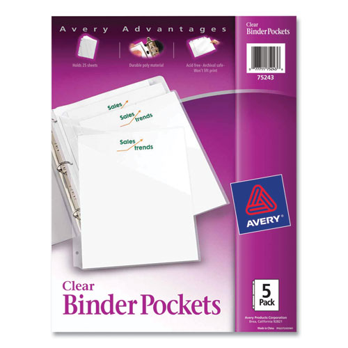 Avery® Binder Pockets, 3-Hole Punched, 9.25 X 11, Clear, 5/Pack