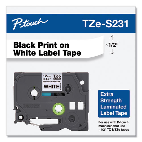 Image of Brother P-Touch® Tze Extra-Strength Adhesive Laminated Labeling Tape, 0.47" X 26.2 Ft, Black On White