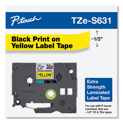 Image of Brother P-Touch® Tze Extra-Strength Adhesive Laminated Labeling Tape, 0.47" X 26.2 Ft, Black On Yellow