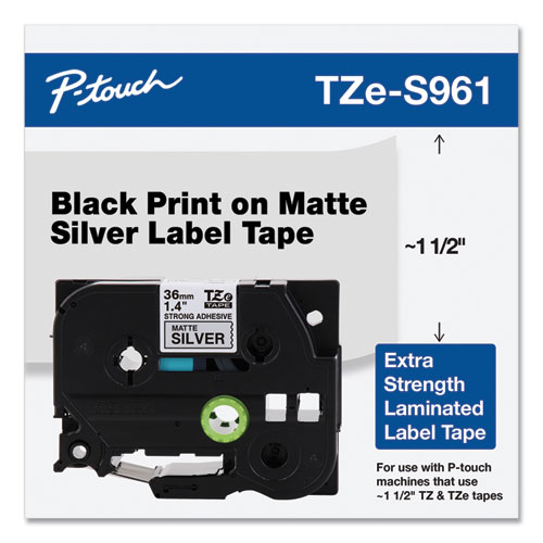 Image of Brother P-Touch® Tz Extra-Strength Adhesive Laminated Labeling Tape, 1.4" X 26.2 Ft, Black On Matte Silver