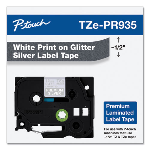 TZe Premium Laminated Tape, 0.47" x 26.2 ft, White on Silver