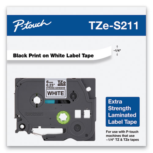 Image of Brother P-Touch® Tze Extra-Strength Adhesive Laminated Labeling Tape, 0.23" X 26.2 Ft, Black On White