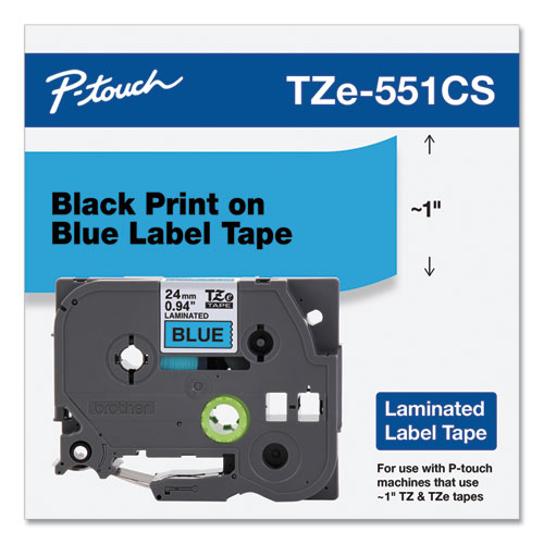 TZe Laminated Removable Label Tapes, 0.94" x 26.2 ft, Black on Blue