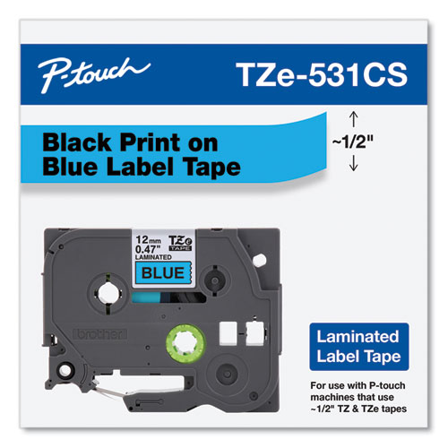 TZe Laminated Removable Label Tapes, 0.47" x 26.2 ft, Black on Blue