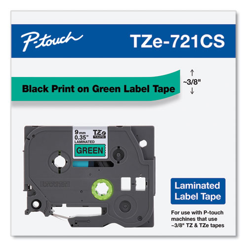 TZe Laminated Removable Label Tapes, 0.35" x 26.2 ft, Black on Green