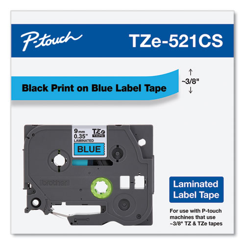 TZe Laminated Removable Label Tapes, 0.35" x 26.2 ft, Black on Blue