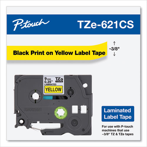 TZe Laminated Removable Label Tapes, 0.35" x 26.2 ft, Black on Yellow