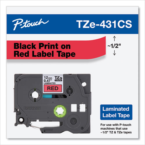 TZe Laminated Removable Label Tapes, 0.47" x 26.2 ft, Black on Red